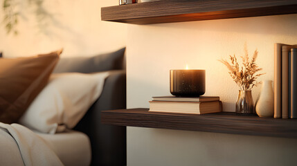 Dark Wooden Shelf with Ceramic Candle and Books in Cozy Sepia-Toned Bedroom  
