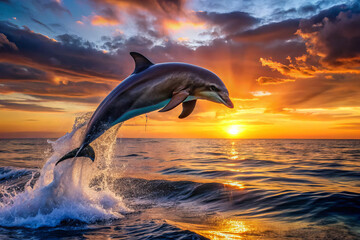 Fototapeta premium playful dolphin leaps from ocean at sunset, creating stunning scene