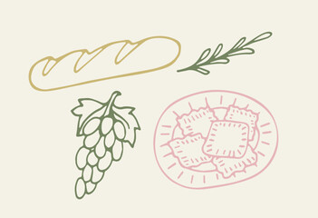 Minimalist vector illustration featuring a baguette, grape bunch, ravioli on a plate, and a sprig of herbs in line art style. Perfect for culinary and gourmet designs