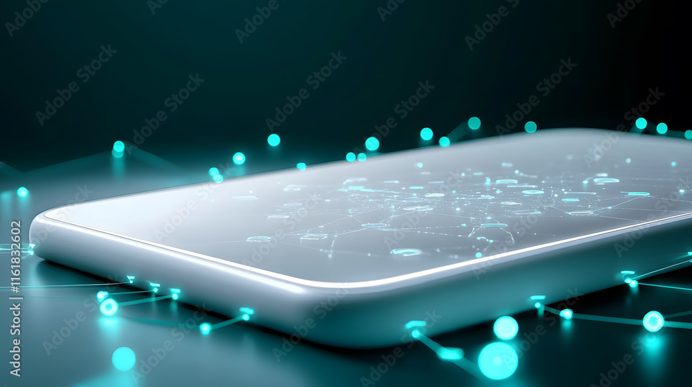 Poster a modern smartphone surrounded by glowing digital particles in a dark setting
