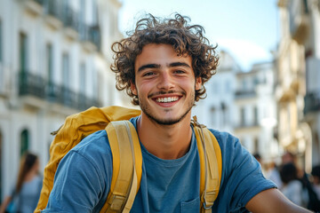 A happy young man with curly hair and a blue shirt rides an electric scooter through the city, surrounded by modern buildings.