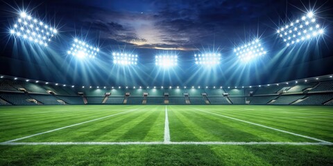 Obraz premium Illuminated football field at night with floodlights shining brightly on the grass, turf