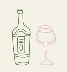 Minimalist flat vector illustration of a wine bottle and a wine glass in line art style. Perfect for beverage, wine-themed, or elegant design projects