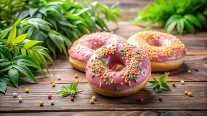 Pastel pink donuts with colorful sprinkles on a wooden table, surrounded by greenery, dessert, sugary treats