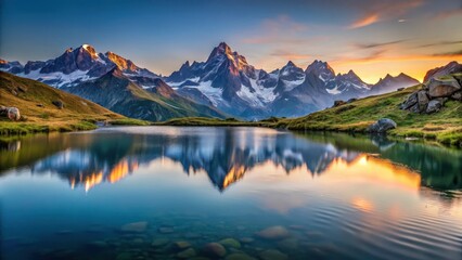 Dusk landscape with mountains and lake, mountains, french Alps