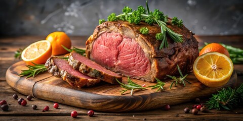 A juicy and tender Homemade Grass Fed Prime Rib Roast resting on a wooden cutting board, garnished with fresh herbs and citrus wedges, homemade, prime rib roast