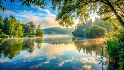 Serene lake scene with misty morning atmosphere and lush greenery surrounding a tranquil body of water , scenery, misty,  scenery