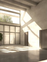 Obraz premium A modern interior space featuring large windows, natural light, and minimalistic design elements, creating a serene and open atmosphere.