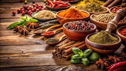 Fototapeta premium Aromatic blend of spices on a wooden table, kitchen, culinary art, kitchen, culinary art, composition