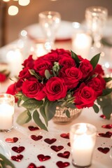 Romantic Valentine's Day table setting with a bouquet of red roses in the center.