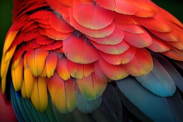 Fototapeta premium Brightly colored feathers of a parrot showcase stunning patterns and vibrant hues. This close-up reveals a blend of red, yellow, and blue tones under natural sunlight.
