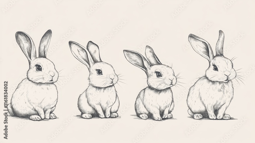 Poster cute illustrations of four different rabbit characters in a row