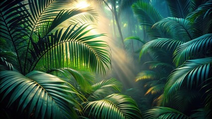 Palm leaves create a mysterious atmosphere in the dimly lit forest at dawn, nature, forest, nature