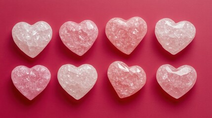 Fototapeta premium Pink Heart-Shaped Crystals on a Vibrant Red Background