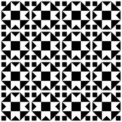 Seamless black and white geometric pattern featuring a symmetrical design with triangular and square shapes. Suitable for backgrounds, wallpapers, textiles, fabrics and various creative projects.