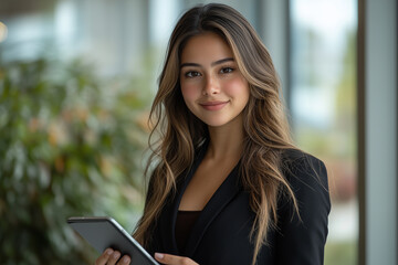 Fototapeta premium A confident Hispanic businesswoman holding a tablet, standing in a sunlit modern office. Her professional attire and warm smile exude executive presence