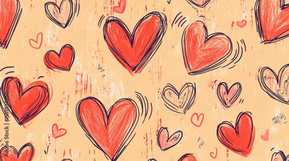 Aufkleber hand-drawn red heart patterns on soft yellow background for design