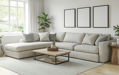 Modern living room with sectional sofa, coffee table, plants, and three empty frames.
