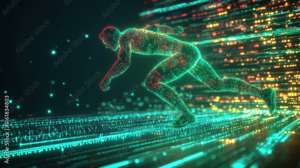 Aufkleber dynamic representation of a running figure with digital data flow