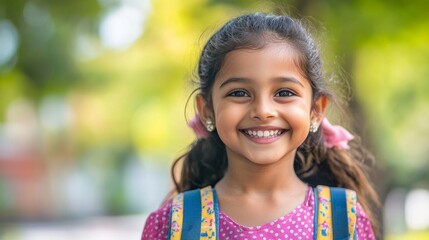 Cheerful Young Indian Girl with Backpack in School Setting