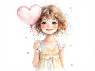 Fototapeta premium Sweet watercolor illustration of a girl holding a heart balloon and floating in the clouds, great for children's designs, dreamy projects or sweet backgrounds.