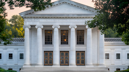 International court facade with grand architecture and flagpoles, symbolizing justice and global cooperation in resolving disputes.