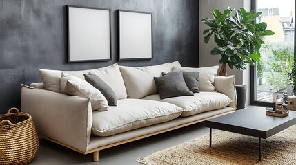 Modern living room interior with beige sofa, dark wall, and plant.