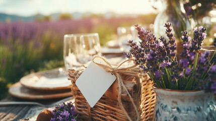 Lavender flowers and picnic basket on rustic table