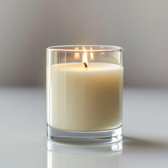 a luxury one wick soy candle housed in a clear tall glass jar with milky white soy wax. with steady warm flames on a white table with a reflection and a smoth white background.