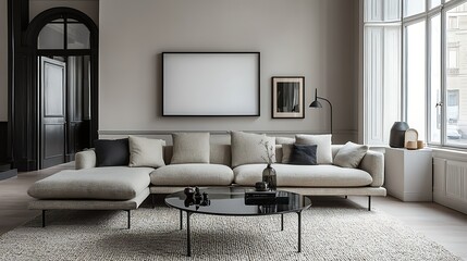 Modern living room interior design with beige sectional sofa, coffee table, and artwork.