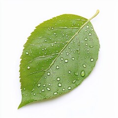 Fresh Leaf with Water Droplets on White Background