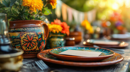 Colorful pottery with flowers on a festive table setting
