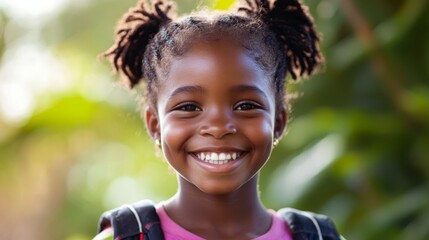 Radiant African American Young Girl Smiling Brightly in Close-up with Backpack in Lush Greenery Background