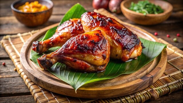 Grilled chicken inasal served on banana leaf with rustic setup