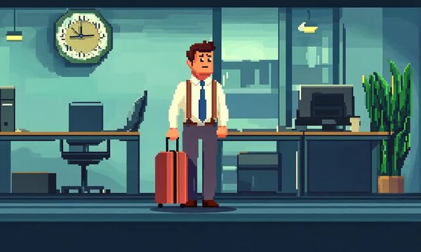 A pixel art office scene with a man holding a suitcase.