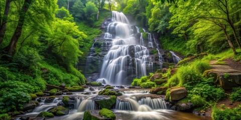 Fototapeta premium Tranquil image of Amicalola Falls flowing through lush greenery under soft daylight, nature, waterfall, cascading