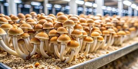 Closeup of Psilocybe Cubensis mushrooms growing in a cultivation chamber, psychedelic, cultivation, magic mushrooms