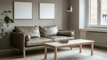 Obraz premium Modern living room interior with leather sofa, wooden coffee table, and blank frames.