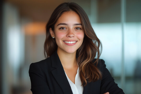 A dynamic Hispanic woman in a bright office, smiling confidently, and exuding professionalism and entrepreneurial spirit