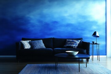 Modern living room with dark blue sofa, coffee table, and textured blue wall.