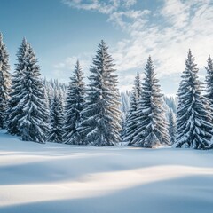 Fototapeta premium Serene Winter Landscape with Snow-Covered Pines