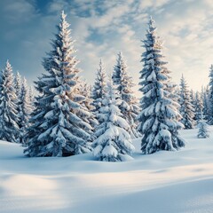 Snowy Winter Landscape with Pine Trees and Blue Sky