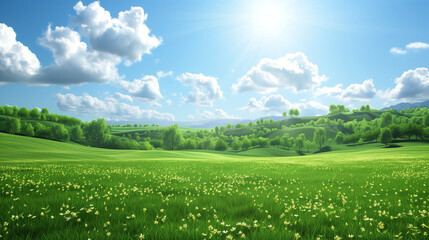 Lush Green Landscape with Rolling Hills and Sunlit Sky in Springtime Photograph, Perfect for Nature and Environmental Themes