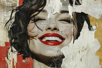 A paper collage of women's faces, composed of magazine cutouts and newspaper clippings, with red lipstick on the lips