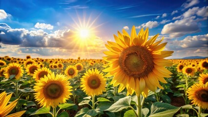 Fototapeta premium Vibrant yellow sunflowers blooming in a field under the bright sun , nature, floral, summer, garden, petals, vibrant, yellow, sun