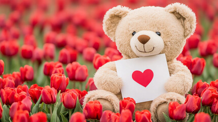 Obraz premium giant teddy bear sits among vibrant red tulips, holding love card. This charming scene evokes feelings of warmth and affection, perfect for expressing love