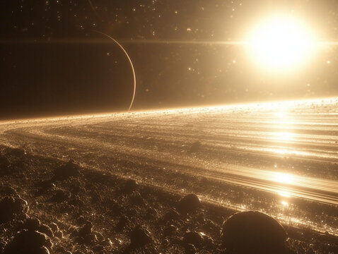 space background :The majestic rings of Saturn, viewed up close, with countless ice particles shimmering in the sunlight - Powered by Adobe