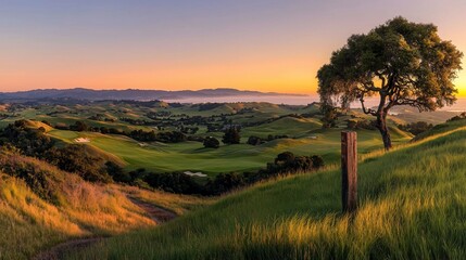 Obraz premium Sunrise over rolling hills, golf course, and lone tree.