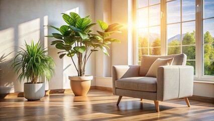 Naklejka premium Indoor potted plant in a sunlit modern living room with cozy seating, modern decor, indoors, houseplant, sunlit, cozy