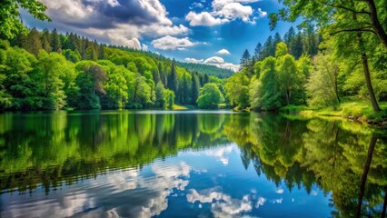 Tranquil landscape featuring a serene lake surrounded by a lush forest , serene, landscape, lake, forest, tranquil, peaceful